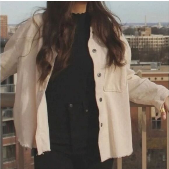 Zara Corduroy Shacket Jacket Cropped Oversized Cotton Cream Large Fringed Hem - Picture 3 of 8